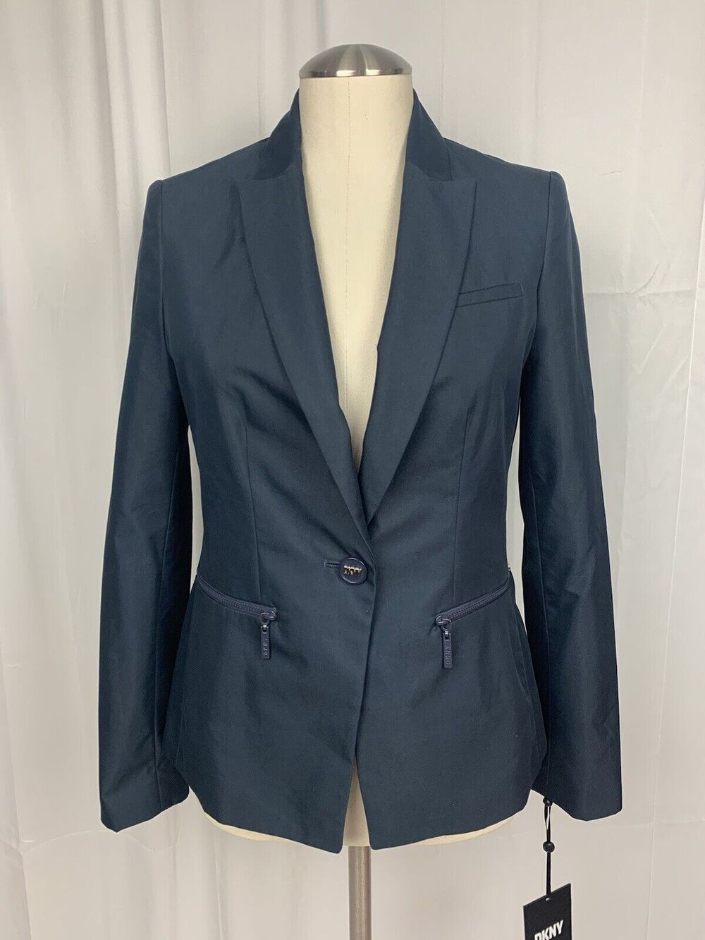 NWT DKNY Women's One Button Blazer with Zipper Pockets Navy Sz 6 Petite